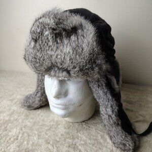 VINTAGE MAD BOMBER Trapper Hat Adult L Black Rabbit Fur Insulated Winter